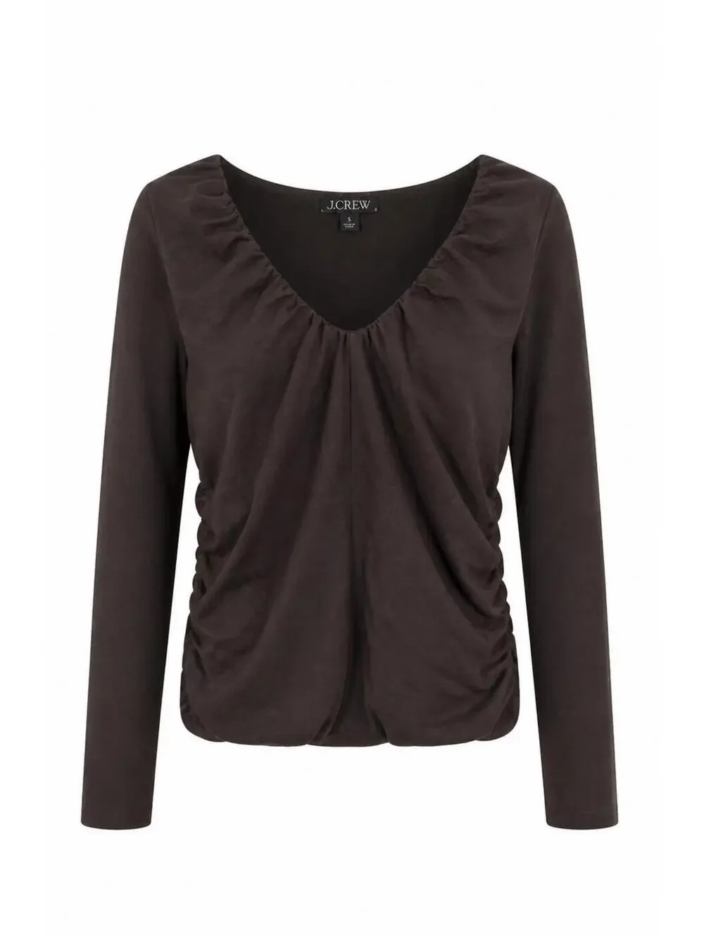 J. Crew Chocolate Brown Ruched V-Neck Knit Long Sleeve Cotton Stretch Top L Fall